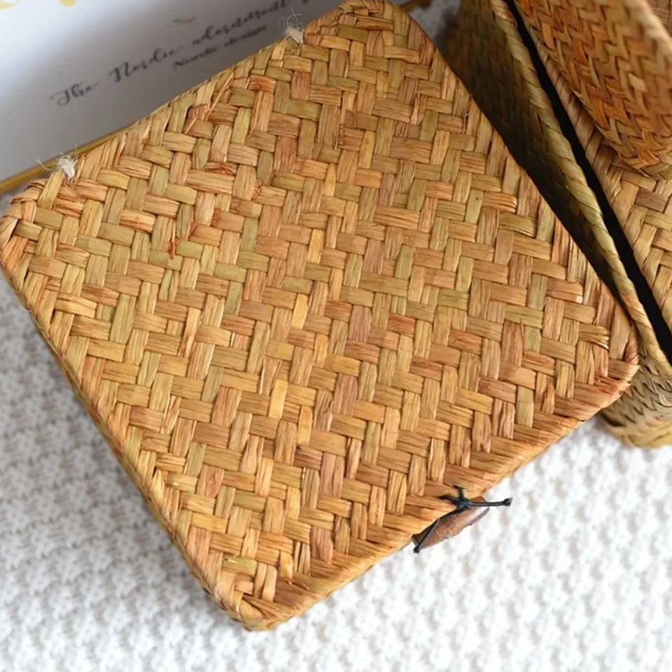 Panier de rangement en jonc de mer tressé avec couvercle – Image 4