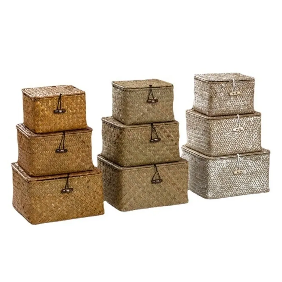 Panier de rangement en jonc de mer tressé avec couvercle – Image 5