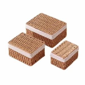 Panier de rangement en rotin tissé à main avec couvercle