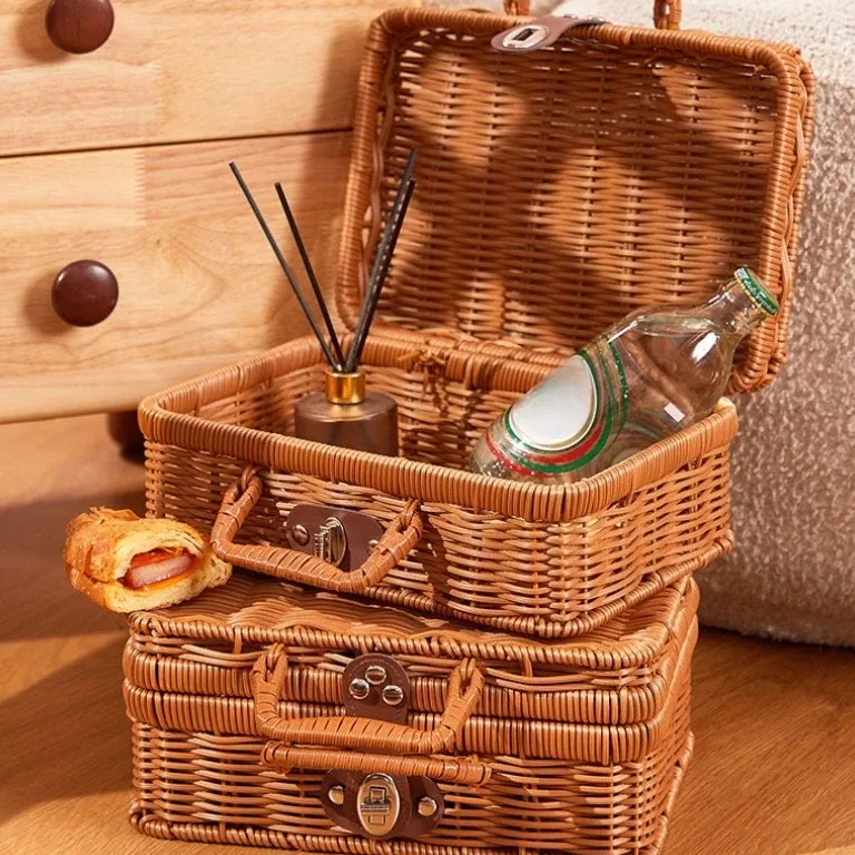 Panier de rangement en rotin tressé avec serrure et poignées – Image 3