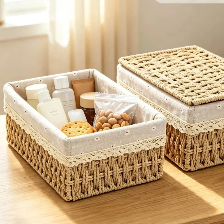 Panier de rangement tressé rouge pour bureau