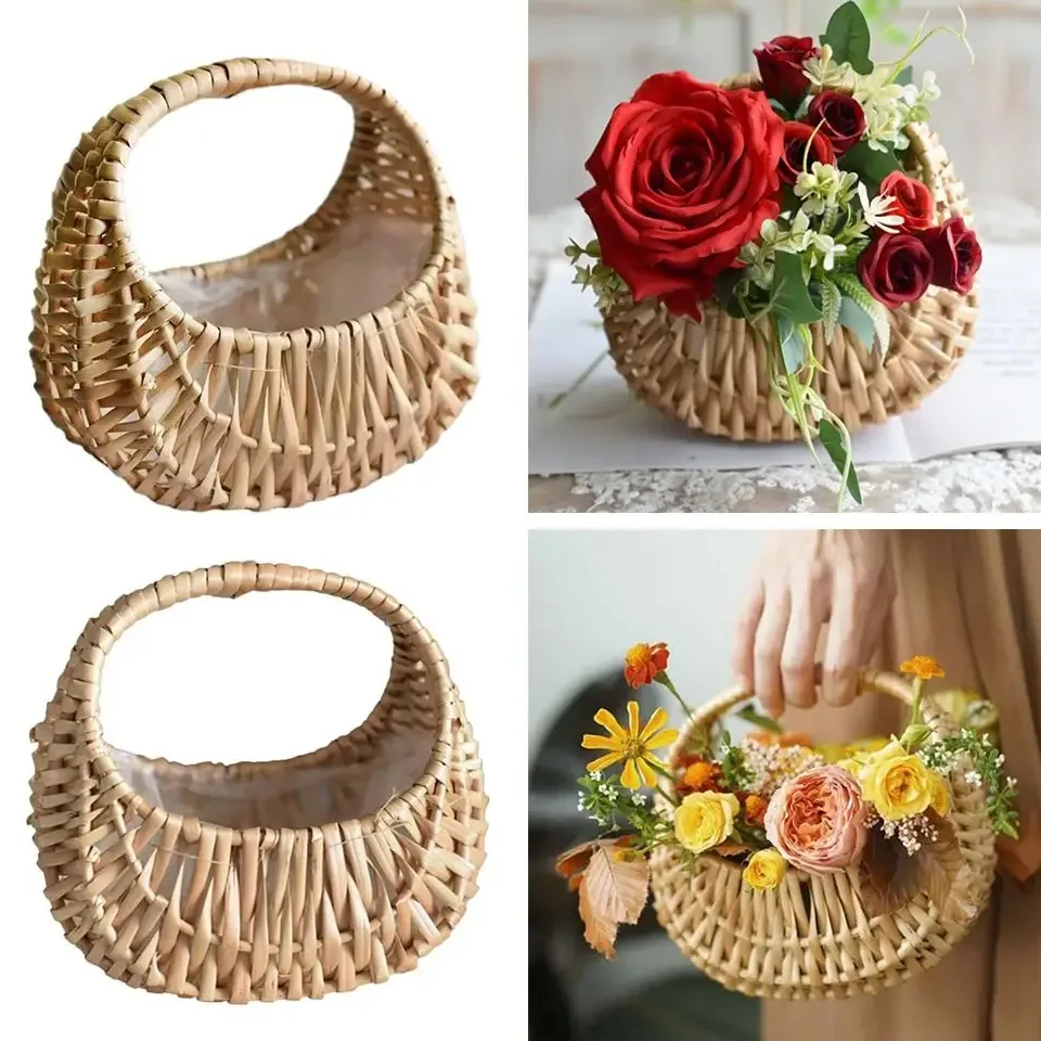 Panier demi-lune en rotin jaune avec poignée – Image 2