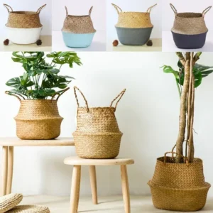 Panier pliable en rotin tressé avec poignée