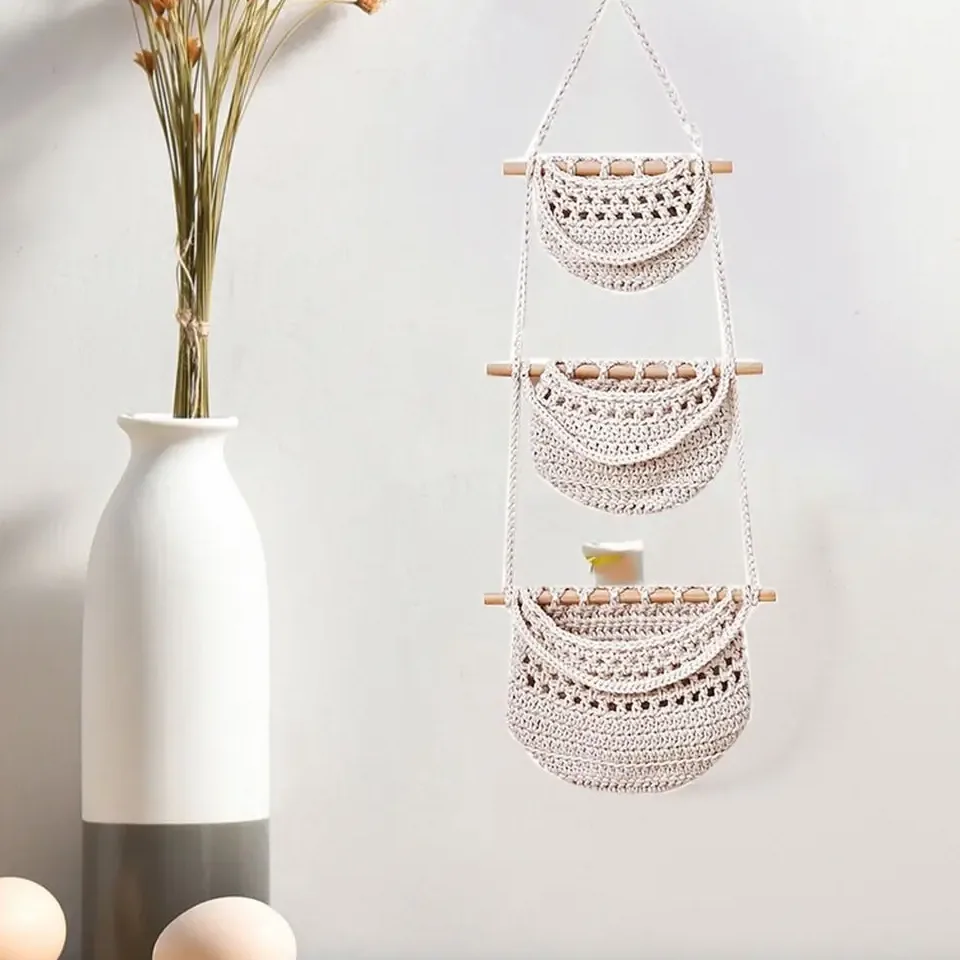 Panier suspendu 3 niveaux en corde blanche - White-3 Layers – Image 5