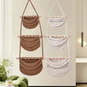 Panier suspendu en corde beige 3 niveaux