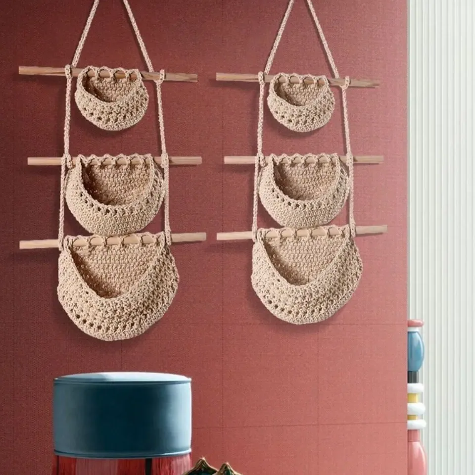 Panier suspendu en corde beige 3 niveaux – Image 3