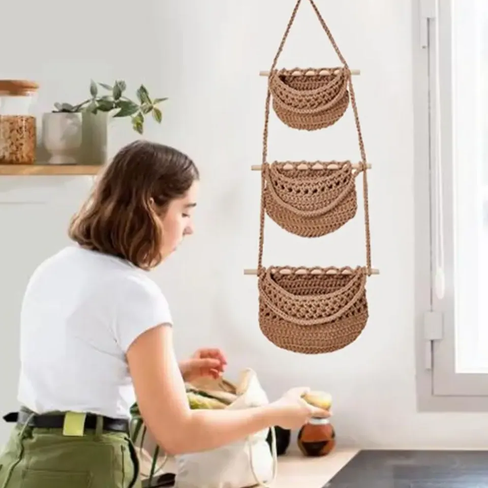 Panier suspendu en corde beige 3 niveaux – Image 4