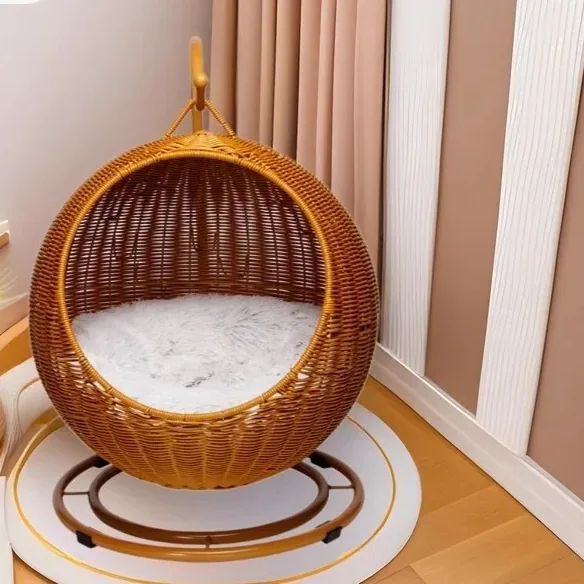 Panier suspendu rotin tressé pour chats et petits chiens – Image 2