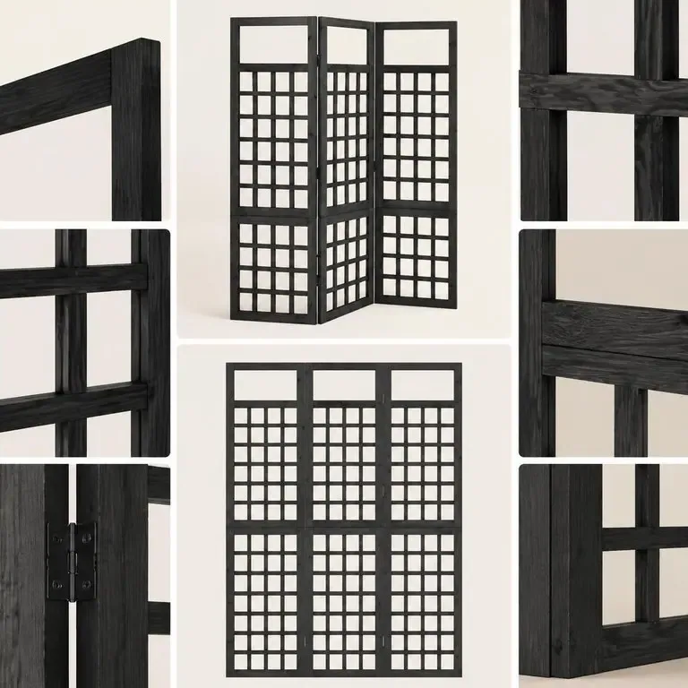 Paravent bois 3 panneaux noir 121x180 cm – Image 2
