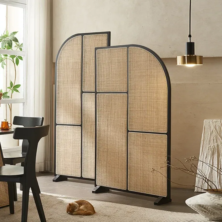 Paravent mobile bois massif et rotin style japonais – Image 3