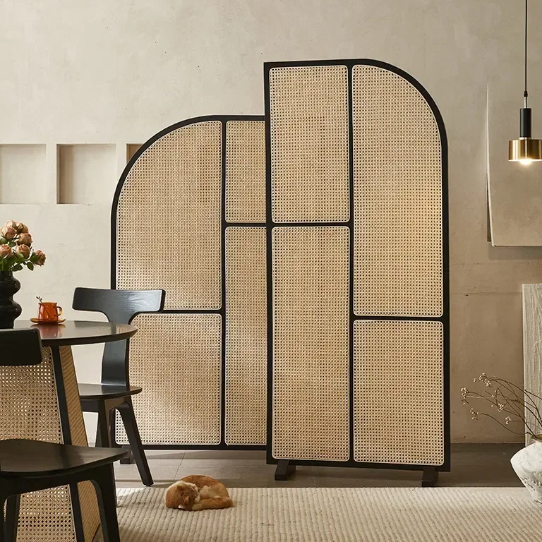 Paravent mobile bois massif et rotin style japonais – Image 4