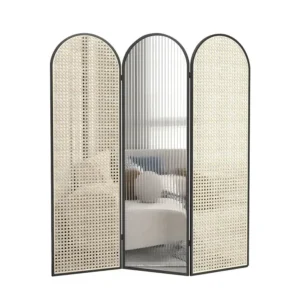 Paravent pliable en fer forgé et rotin avec panneau vitré