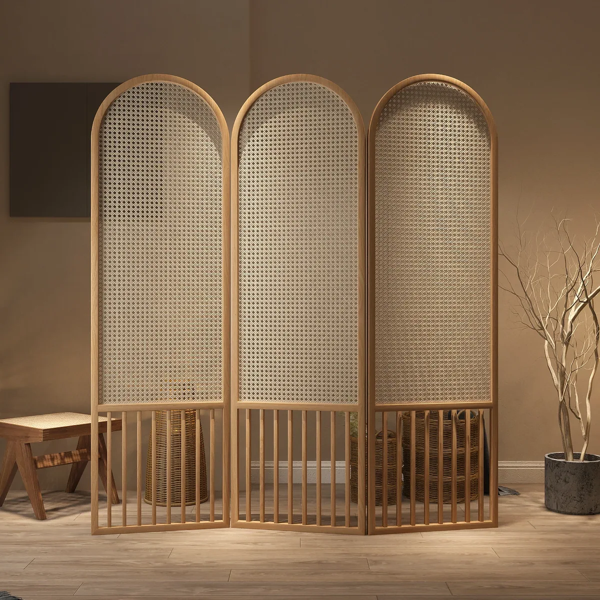 Paravent pliable en rotin et bois massif