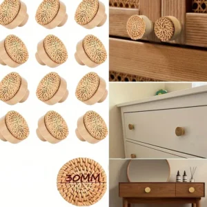Poignée ronde en bois massif avec tissage rotin