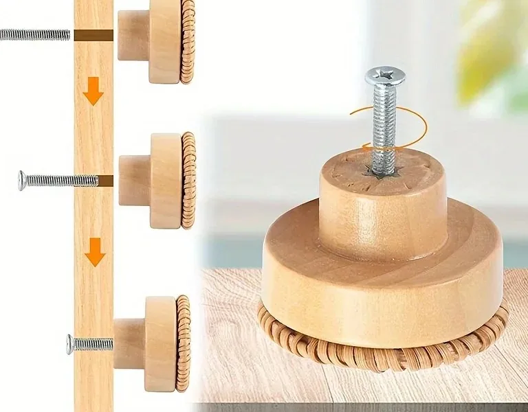 Poignée ronde en bois massif avec tissage rotin – Image 4