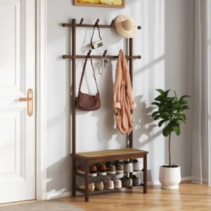 Porte-manteau rotin et bambou avec banc et rangement