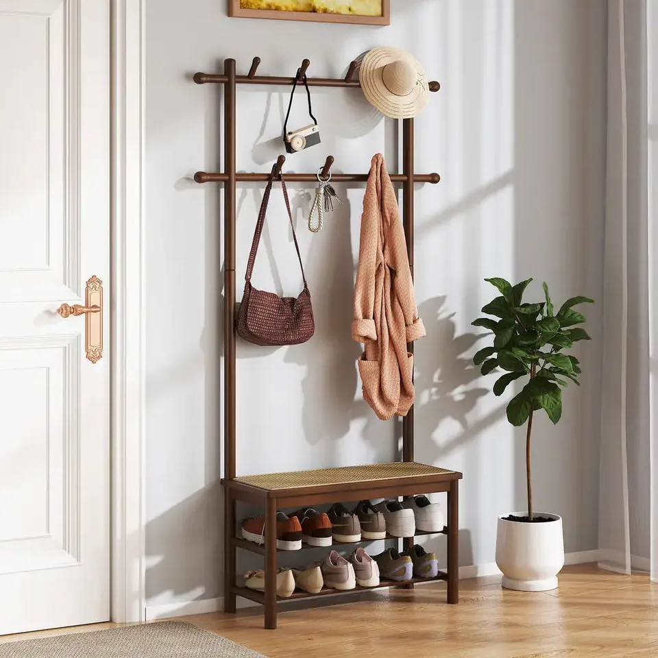 Porte-manteau rotin et bambou avec banc et rangement
