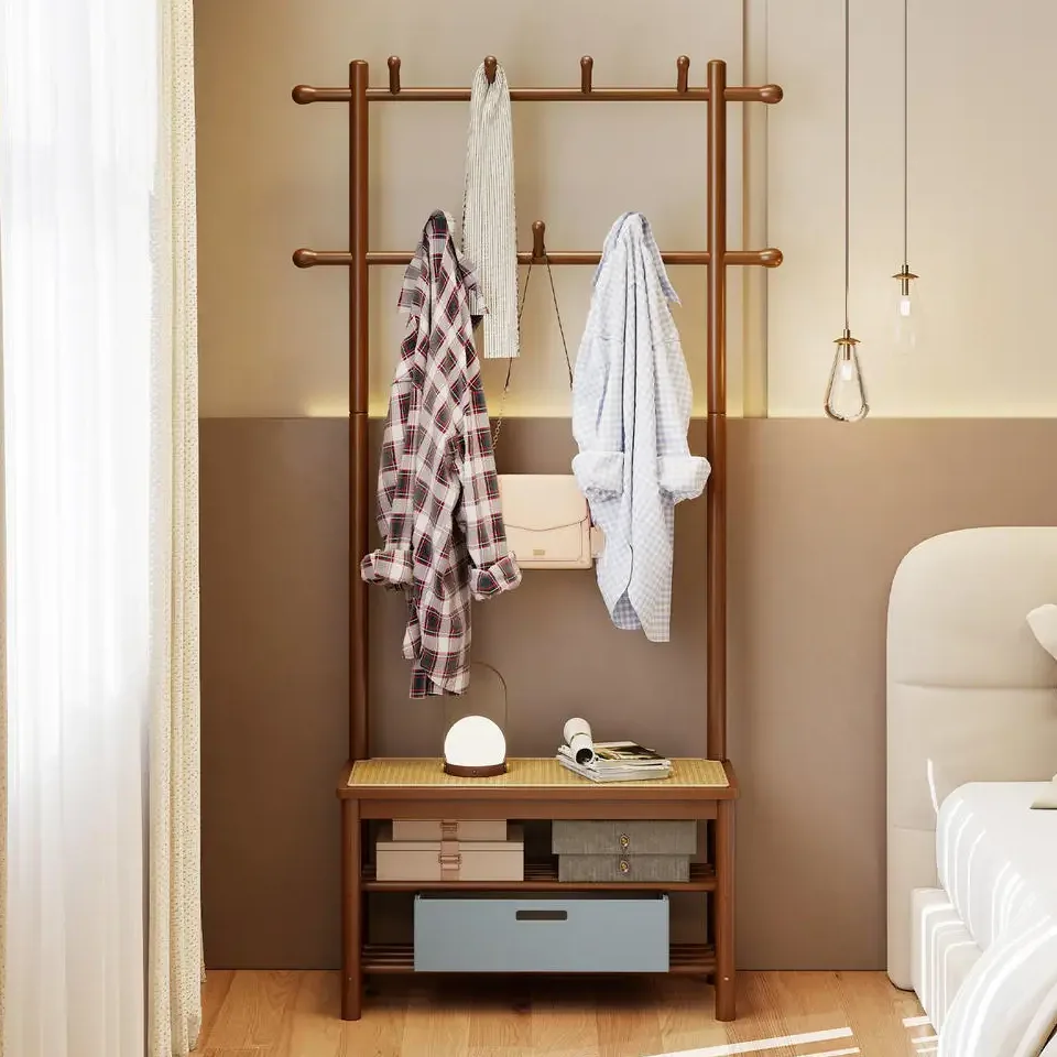 Porte-manteau rotin et bambou avec banc et rangement – Image 2