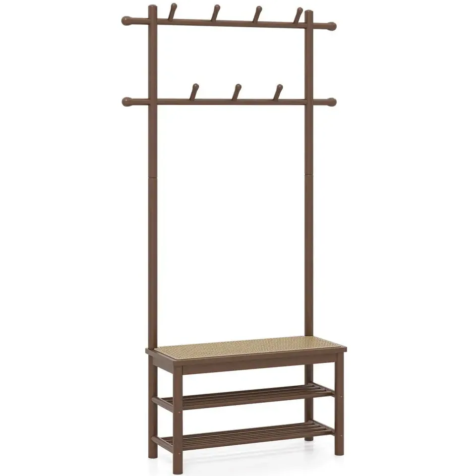 Porte-manteau rotin et bambou avec banc et rangement – Image 3