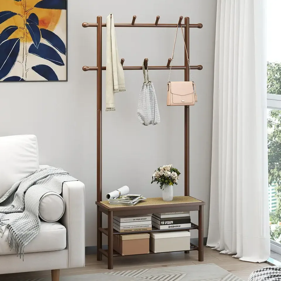 Porte-manteau rotin et bambou avec banc et rangement – Image 4