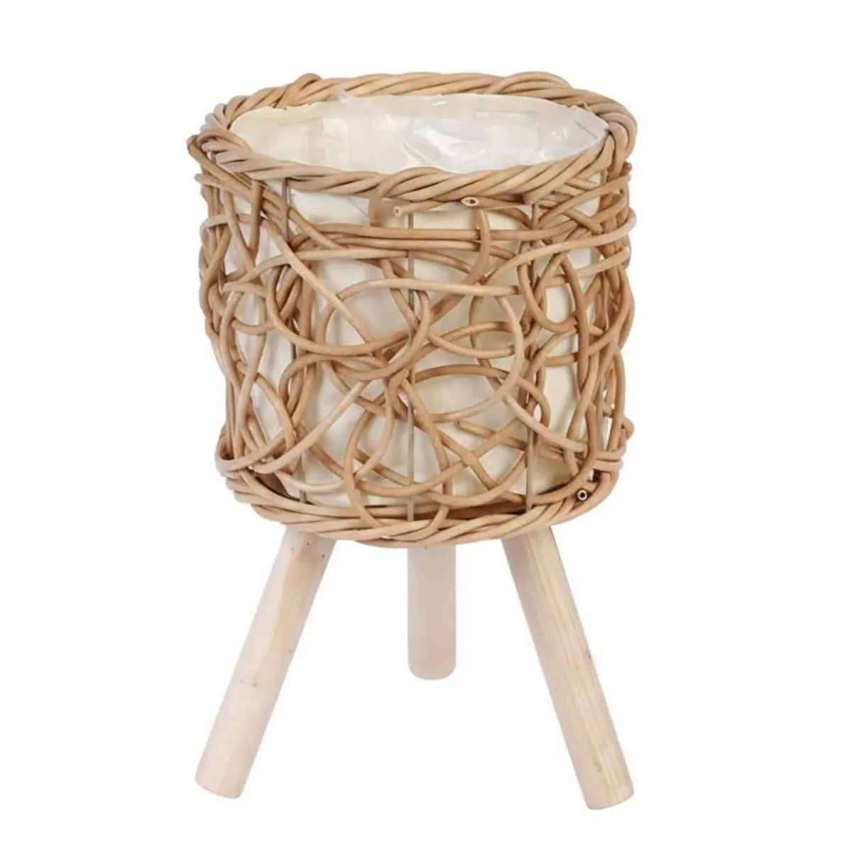 Porte-plante rotin tressé sur trois pieds en bois – Image 2