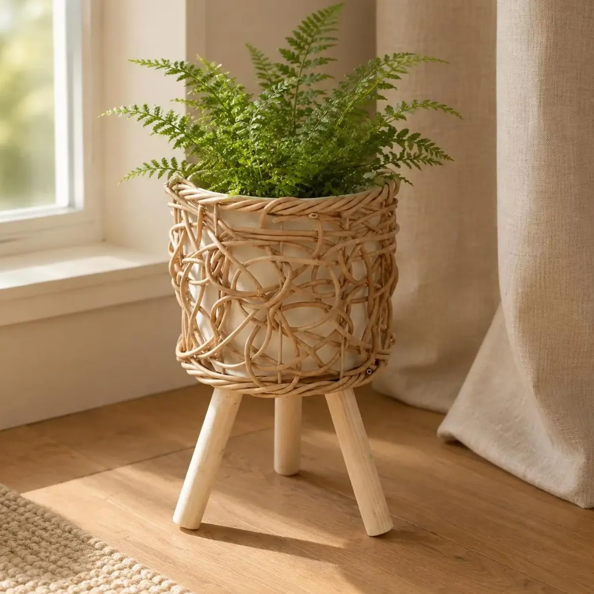 Porte-plante rotin tressé sur trois pieds en bois – Image 4