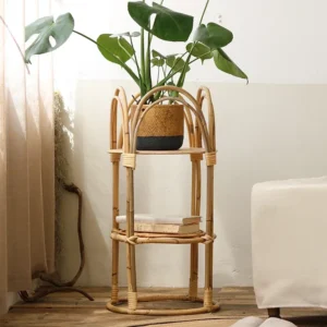 Porte-plantes rotin 2 niveaux bois et osier assemblé