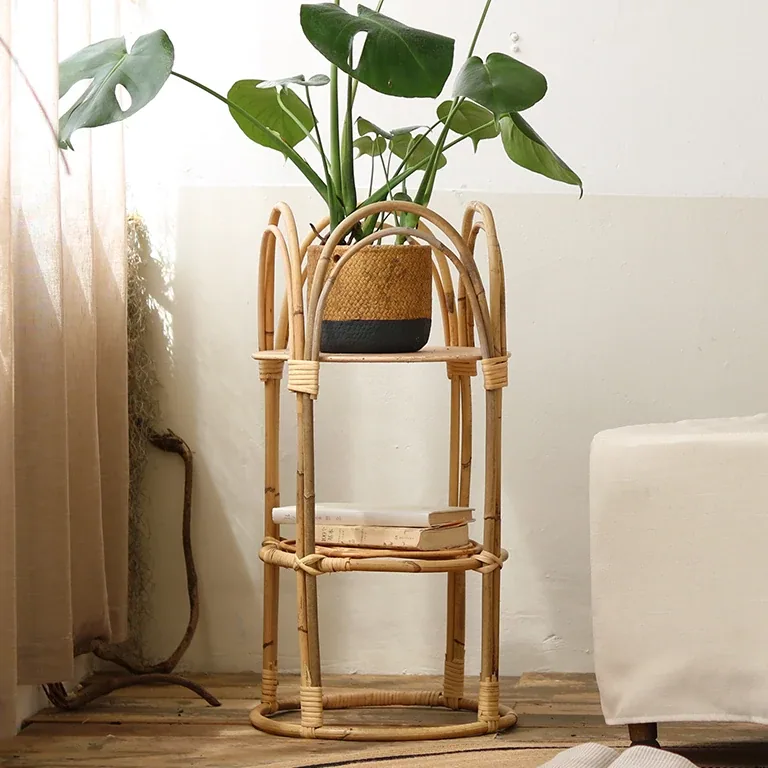 Porte-plantes rotin 2 niveaux bois et osier assemblé