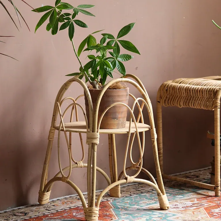 Porte-plantes rotin 2 niveaux bois et osier assemblé – Image 2
