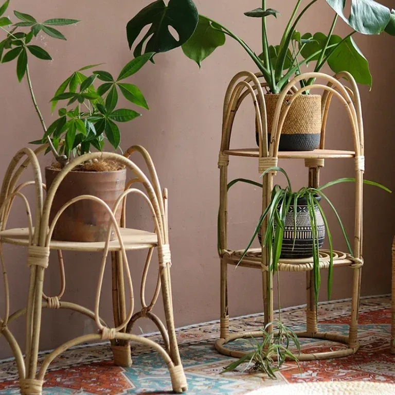 Porte-plantes rotin 2 niveaux bois et osier assemblé – Image 3