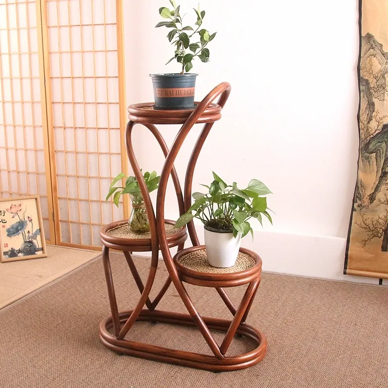 Porte-plantes rotin 3 niveaux pour intérieur/extérieur