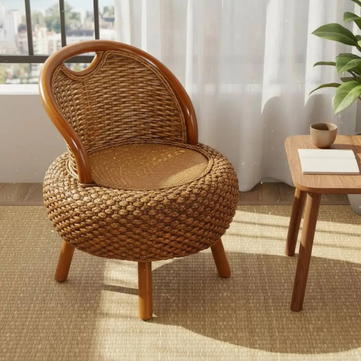 Pouf bas en rotin tressé style bohème – Image 3