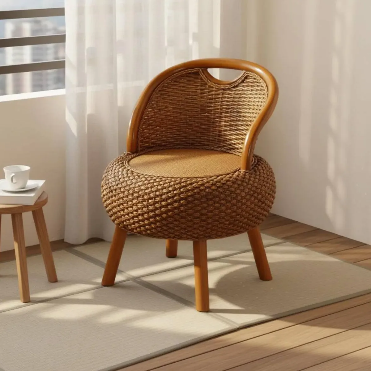 Pouf bas en rotin tressé style bohème – Image 4