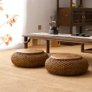 Pouf de méditation rond en rotin tissé main