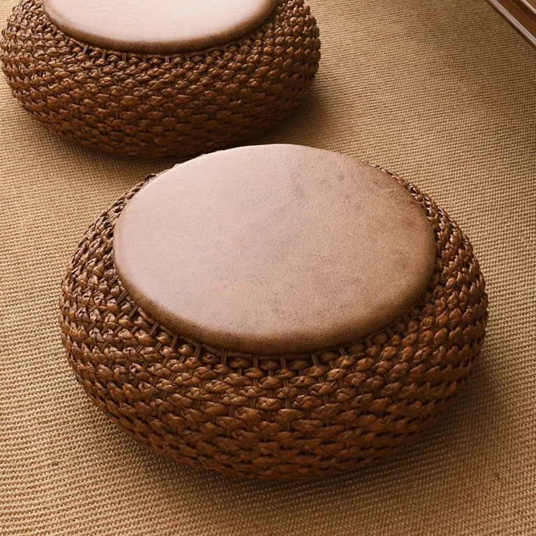 Pouf de méditation rond en rotin tissé main – Image 2