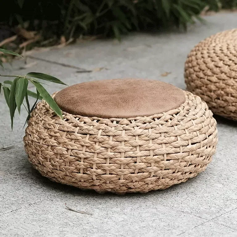 Pouf de méditation rond en rotin tissé main – Image 5