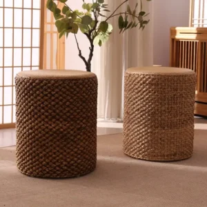 Pouf ottoman rond en rotin tissé et bois massif