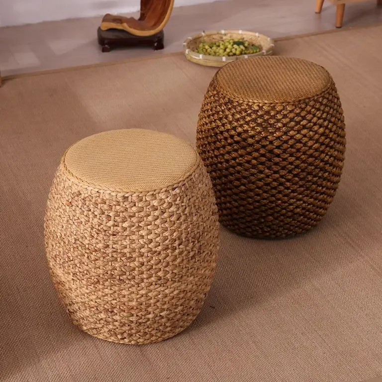 Pouf ottoman rond en rotin tissé et bois massif – Image 2