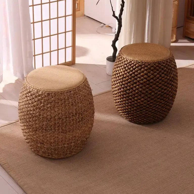 Pouf ottoman rond en rotin tissé et bois massif – Image 3
