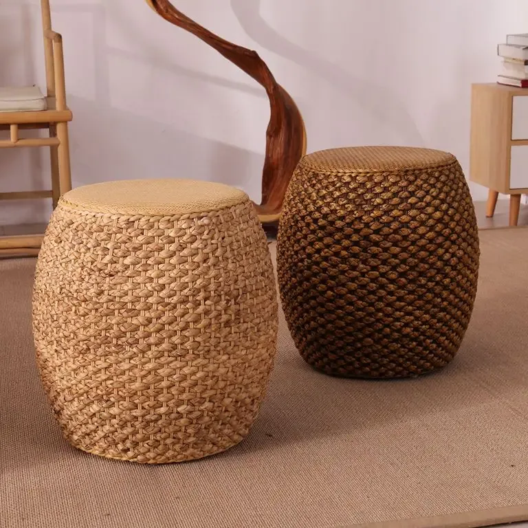 Pouf ottoman rond en rotin tissé et bois massif – Image 4