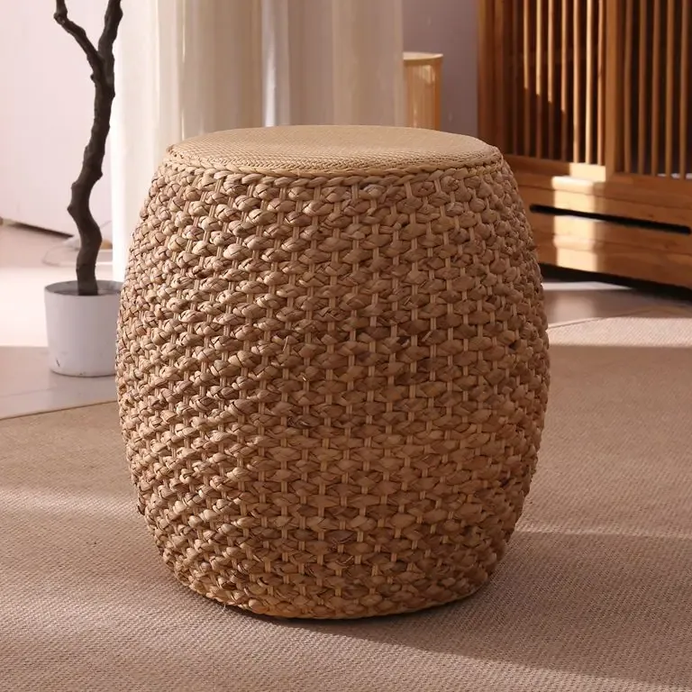 Pouf ottoman rond en rotin tissé et bois massif – Image 5