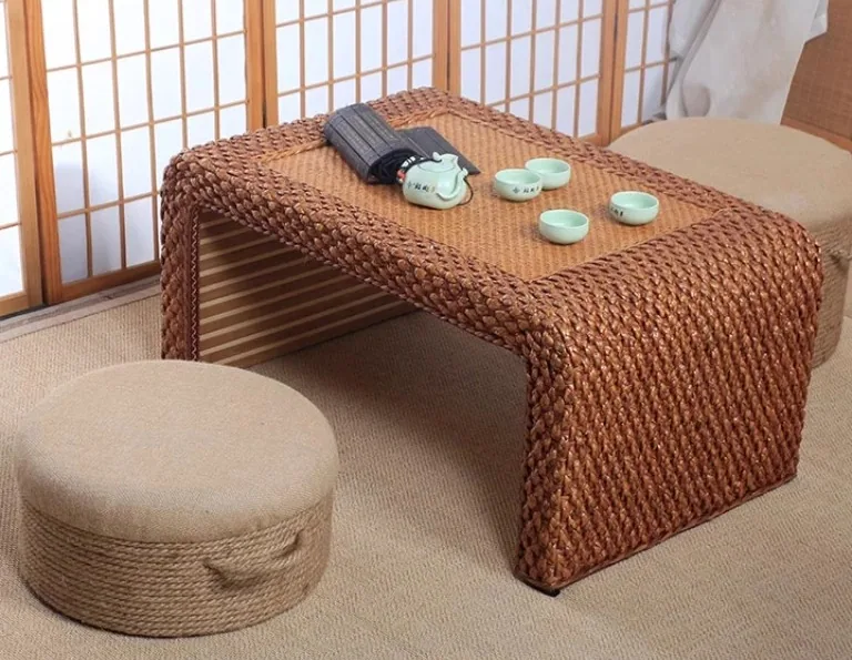 Pouf ottoman rond en rotin tissé main naturel – Image 2