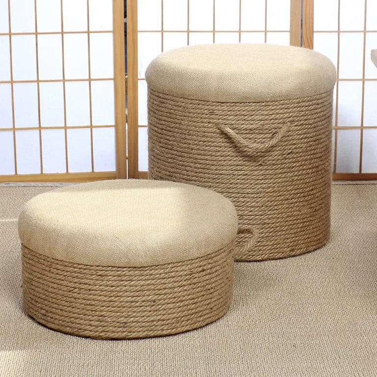 Pouf ottoman rond en rotin tissé main naturel – Image 4