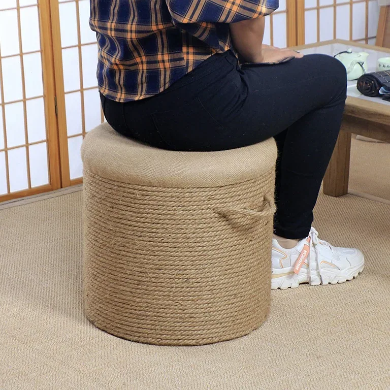 Pouf ottoman rond en rotin tissé main naturel – Image 5