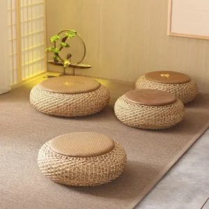 Pouf rond en rotin tissé main pour méditation