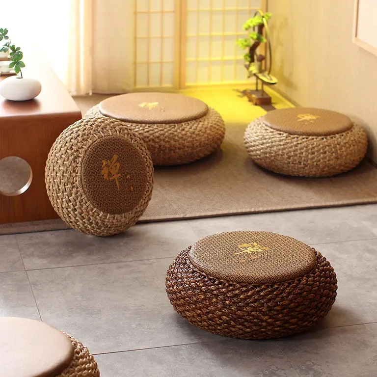 Pouf rond en rotin tissé main pour méditation – Image 2