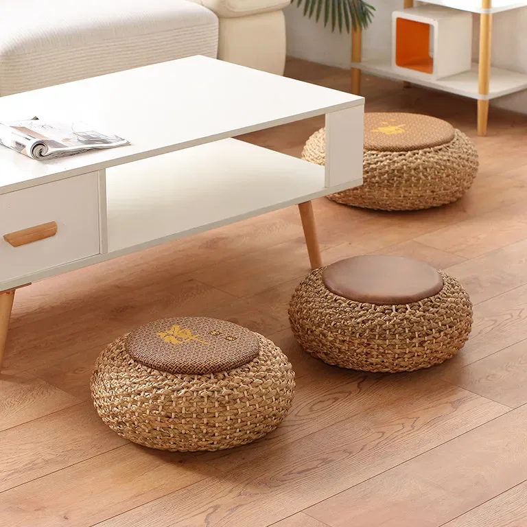Pouf rond en rotin tissé main pour méditation – Image 3