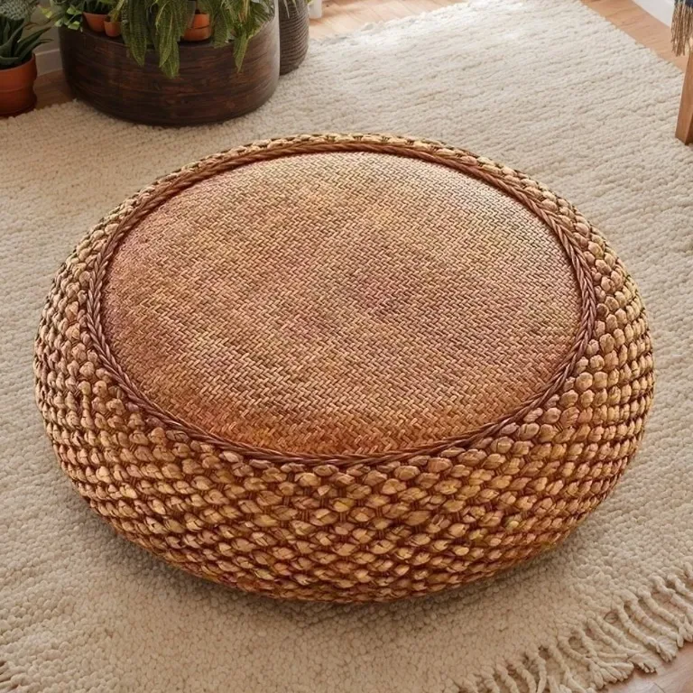 Pouf rond en rotin tressé main – jacinthe d'eau – Image 2