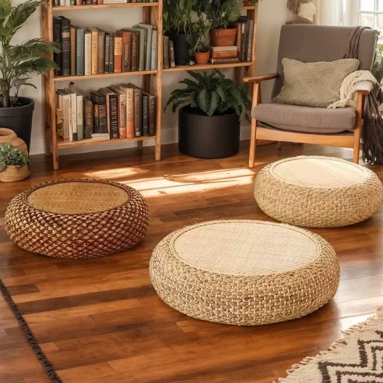 Pouf rond en rotin tressé main – jacinthe d'eau – Image 3