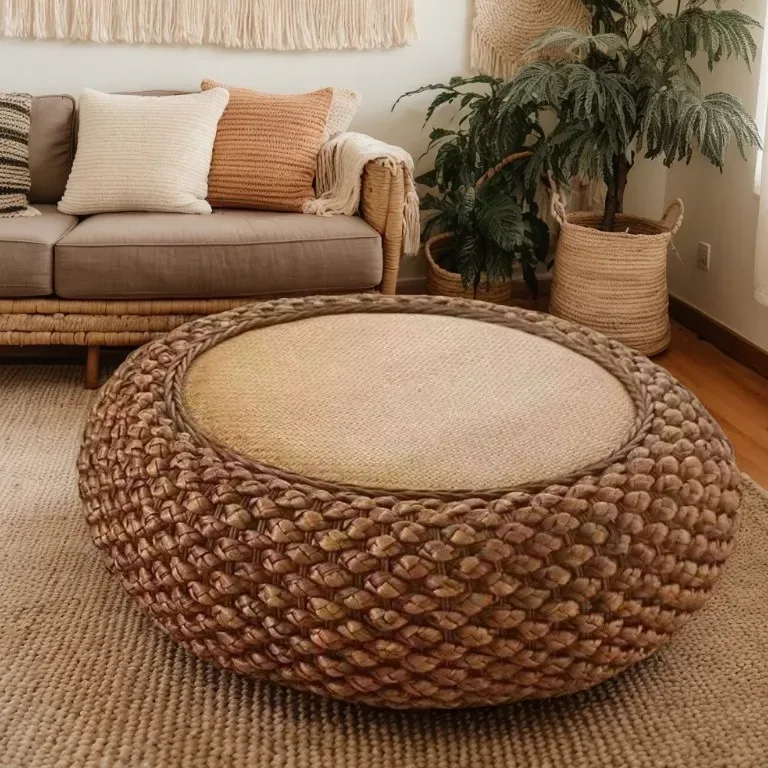 Pouf rond en rotin tressé main – jacinthe d'eau – Image 4